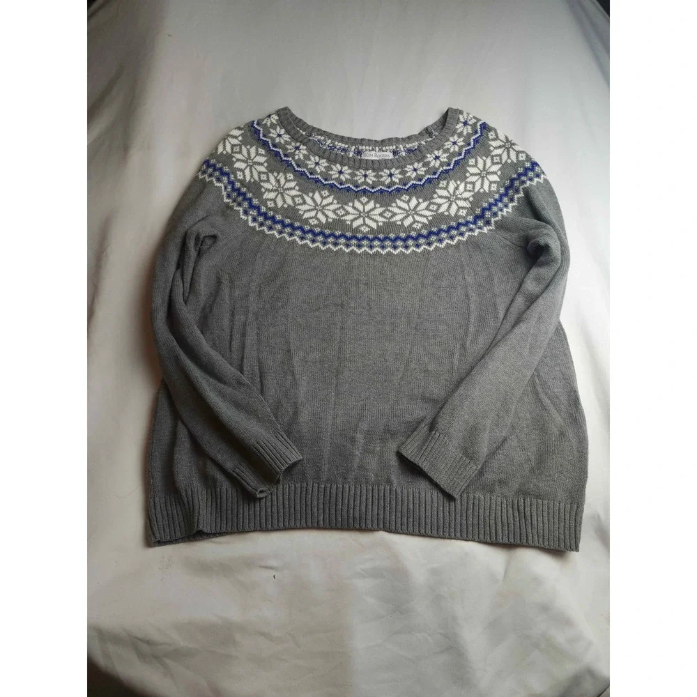 Kim Rogers Curvy Gray Fair Isle Snowflake Cotton Sweater 2X Womens Long Sleeve